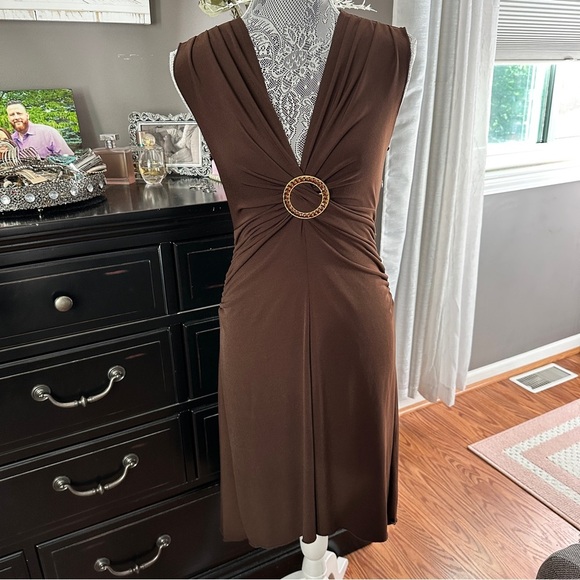 Candie’s Brown Sleeveless Ring Detail Midi Dress L Glam Mob Wife Cocktail Party - Picture 2 of 16